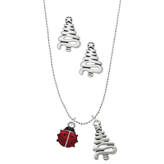 Delight Jewelry Silvertone Mini Red Translucent Ladybug Silver tone Zig Zag Christmas Tree Charm Necklace and Stud Earrings
