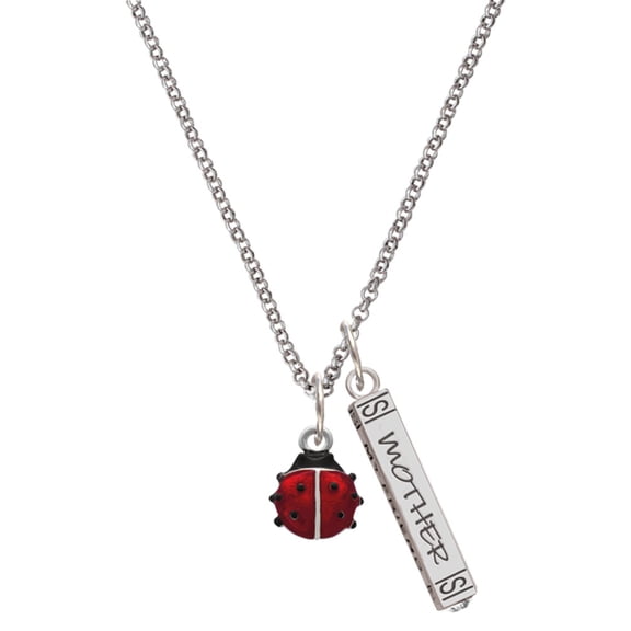 Delight Jewelry Silvertone Mini Red Translucent Ladybug Silvertone Mother Daughter Bar Charm Necklace, 23"