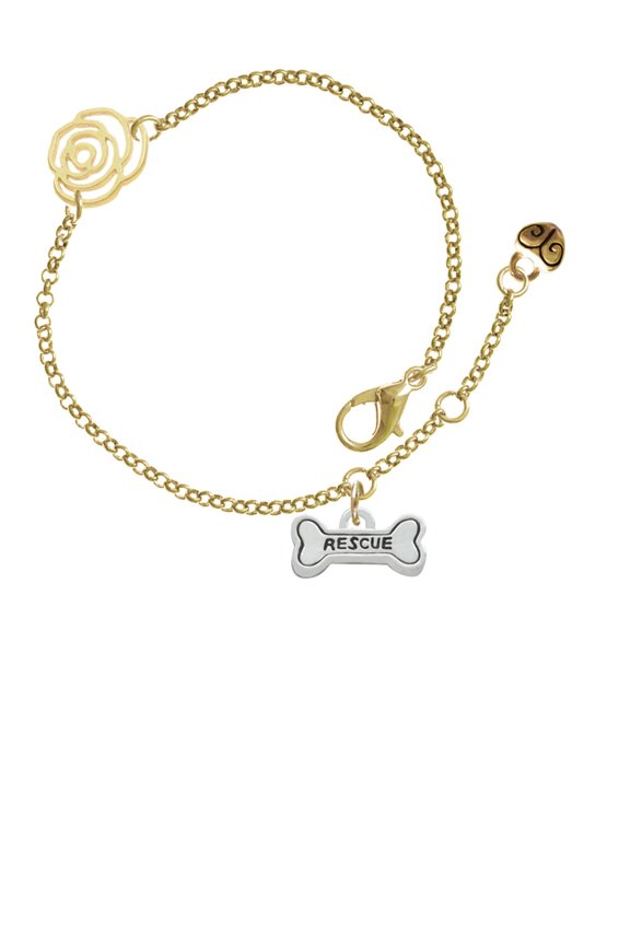 Silvertone Mini ''Rescue'' Dog Bone Gold-tone Rose Link Chain Bracelet, 6.25"+1.75" Extender