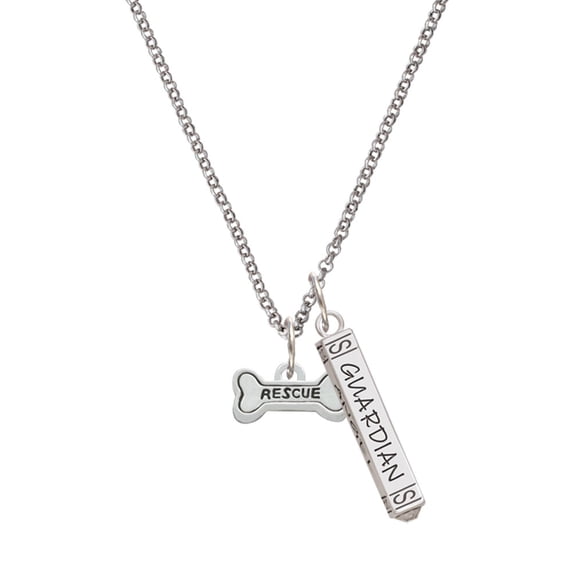 Delight Jewelry Silvertone Mini ''Rescue'' Dog Bone Silvertone Guardian Angel Bar Charm Necklace, 23"