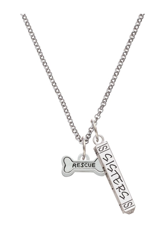 Silvertone Mini ''Rescue'' Dog Bone Silvertone Sisters Best Friends Forever Bar Charm Necklace, 23"
