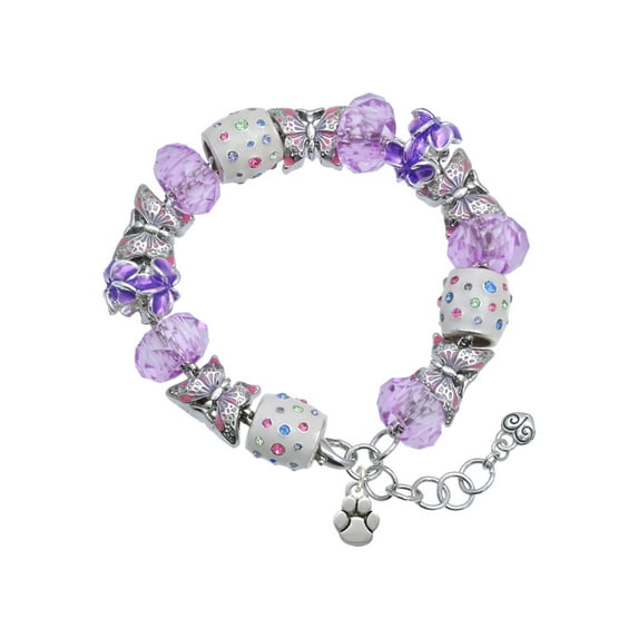 Delight Jewelry Silvertone Mini Rounded Paw Purple Butterfly Bead Charm Bracelet, 7"+1" Extender