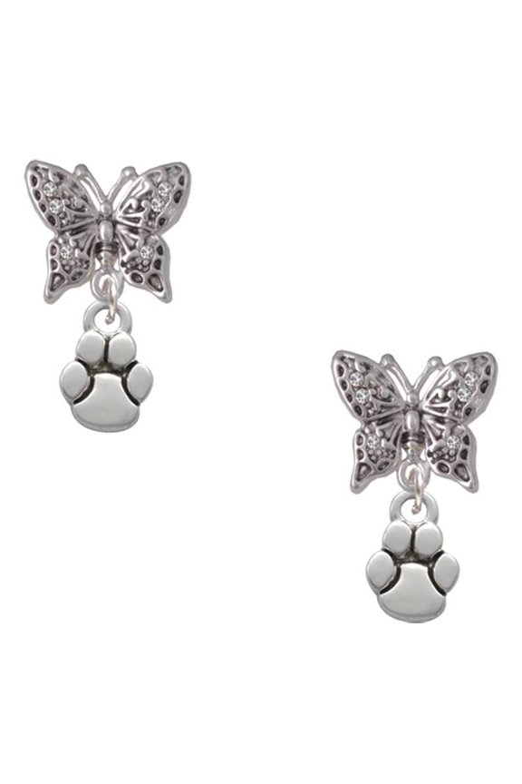 Silvertone Mini Rounded Paw Silvertone Antiqued Butterfly Post Earrings
