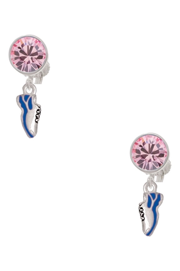 Silvertone Mini Royal Blue Running Shoe Pink Crystal Clip on Earrings