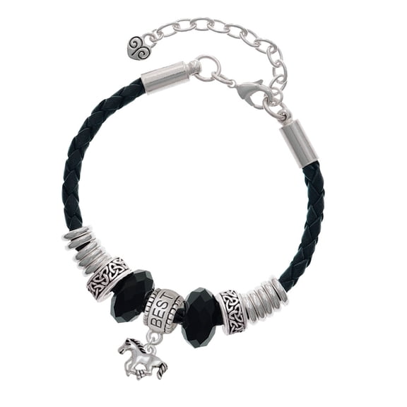 Delight Jewelry Silvertone Mini Running Horse Best Friend Celtic Knot Leather Bead Bracelet, 7"+2" Extender
