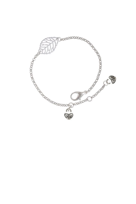 Silvertone Mini Scroll Heart - Silvertone Leaf Delicate Bracelet, 6.25+1.75"