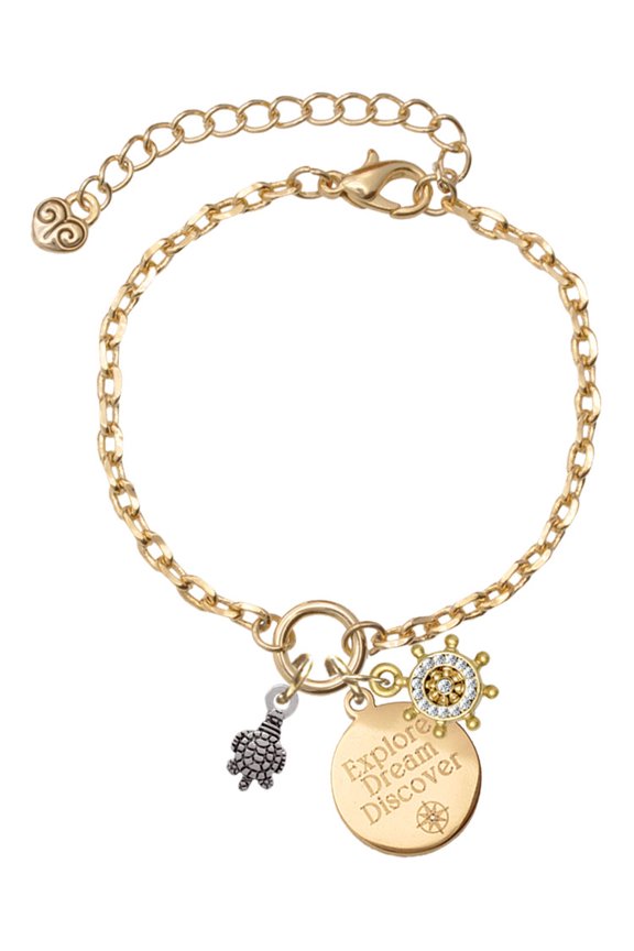 Silvertone Mini Sea Turtle Goldtone Discover Dream Explore Zoey Charm Bracelet, 6.5+2" Extender