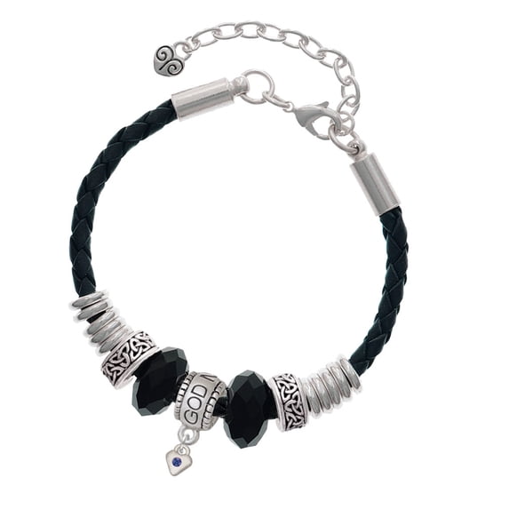 Delight Jewelry Silvertone Mini September - Blue Crystal Heart Godmother Celtic Knot Leather Bead Bracelet, 7"+2" Extender