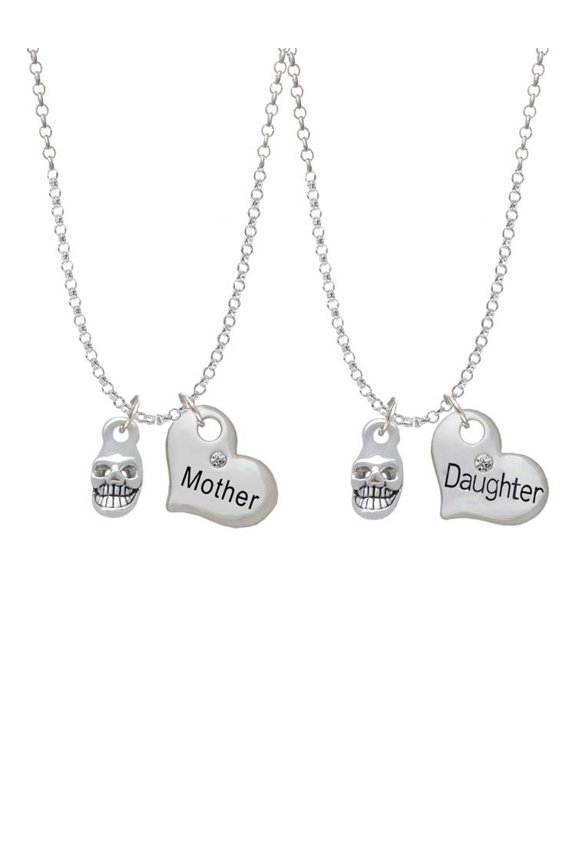 Silvertone Mini Skull Mother & Daughter Heart Necklaces (Set of 2), 19"+2"