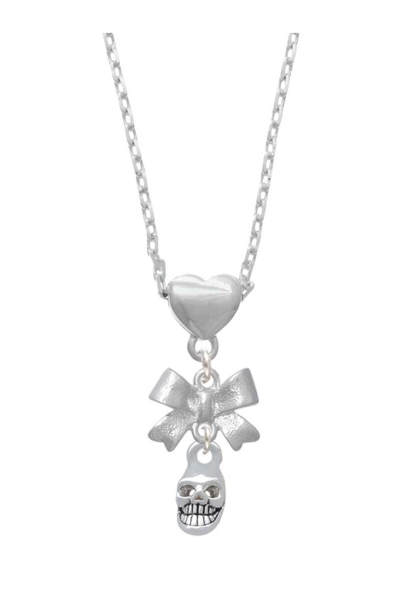 Silvertone Mini Skull Silver tone Bow Heart Necklace