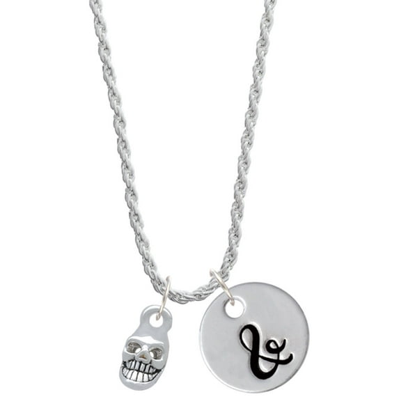 Delight Jewelry Silvertone Mini Skull Silvertone Script Initial Disc - & - Charm Necklace, 20"+3"