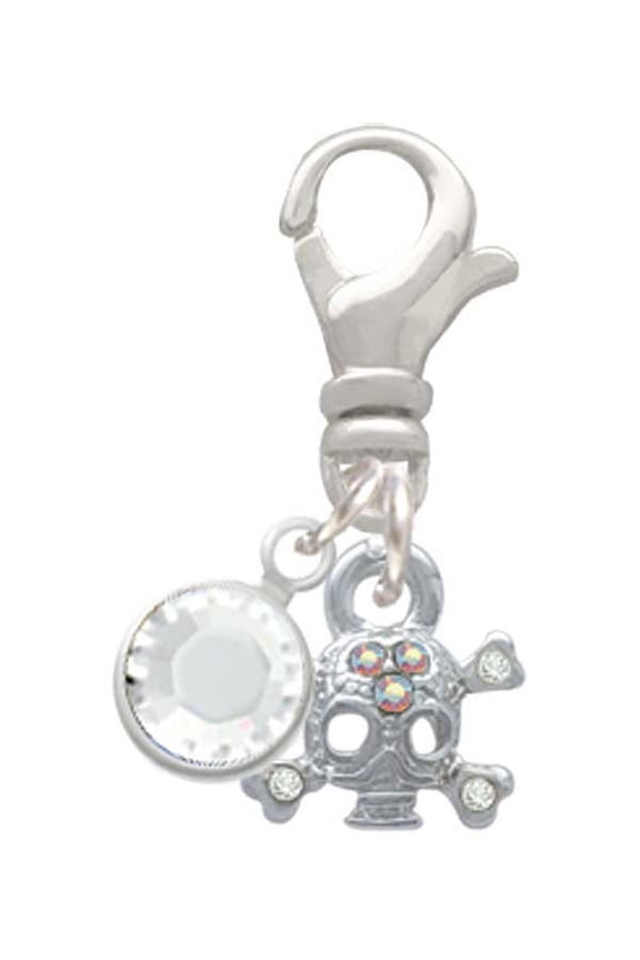 Silvertone Mini Skull and Bones with 3 AB Crystals - Silvertone Clip on Charm with Clear Crystal Drop