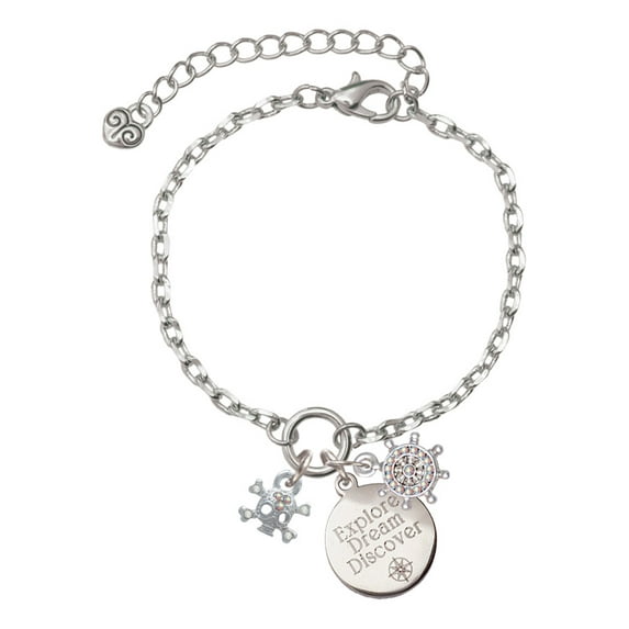 Delight Jewelry Silvertone Mini Skull and Bones with 3 AB Crystals Silvertone Discover Dream Explore Zoey Charm Bracelet, 6.5+2" Extender