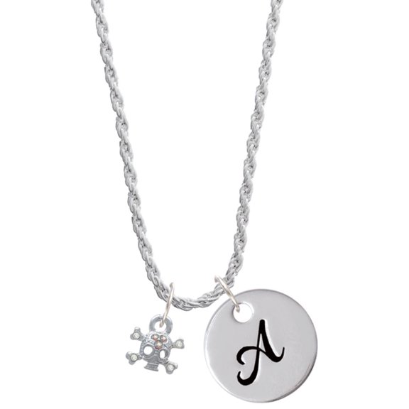 Delight Jewelry Silvertone Mini Skull and Bones with 3 AB Crystals Silvertone Script Initial Disc - A - Charm Necklace, 20"+3"