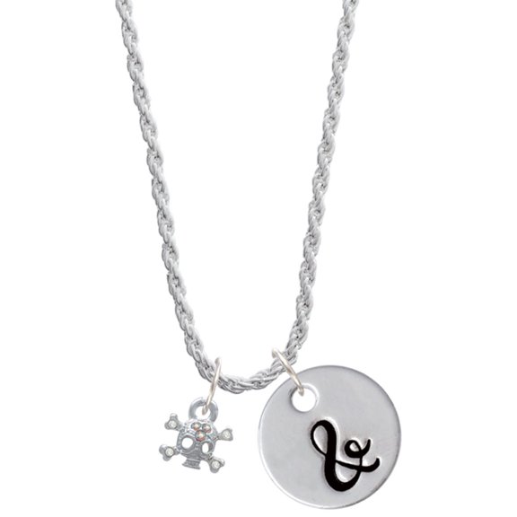 Delight Jewelry Silvertone Mini Skull and Bones with 3 AB Crystals Silvertone Script Initial Disc - & - Charm Necklace, 20"+3"