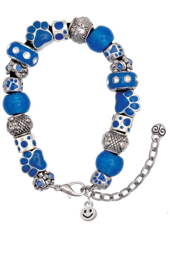 Silvertone Mini Smiley Face Blue Paw Print Bead Bracelet, 7"+2"