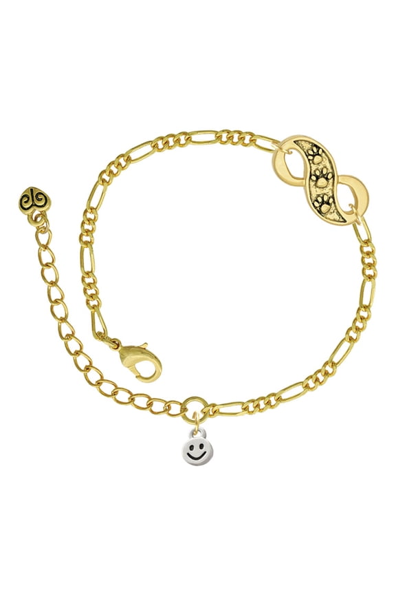 Silvertone Mini Smiley Face Gold-tone Paw Infinity Link Chain Bracelet, 6"+2" Extender