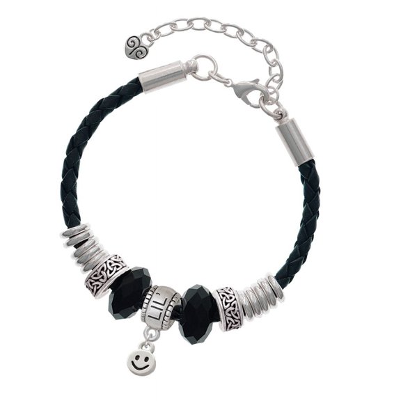 Delight Jewelry Silvertone Mini Smiley Face Lil Sister Celtic Knot Leather Bead Bracelet, 7"+2" Extender