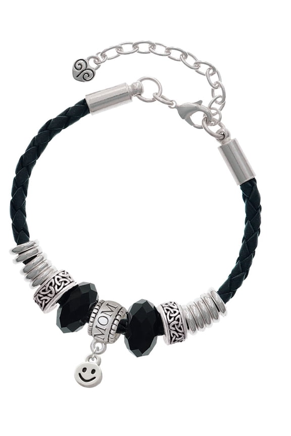 Silvertone Mini Smiley Face Mom Celtic Knot Leather Bead Bracelet, 7"+2" Extender