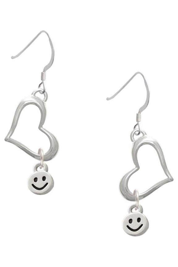 Silvertone Mini Smiley Face Open Heart French Earrings