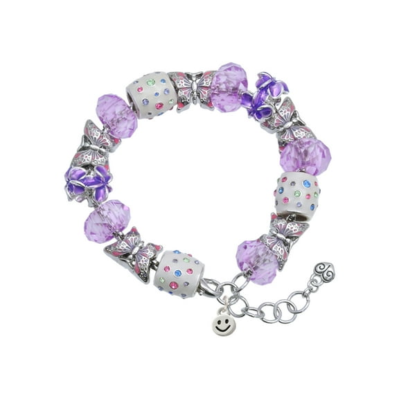 Delight Jewelry Silvertone Mini Smiley Face Purple Butterfly Bead Charm Bracelet, 7"+1" Extender