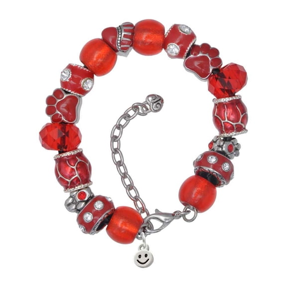 Delight Jewelry Silvertone Mini Smiley Face Red Paw Print Bead Bracelet, 7"+2"