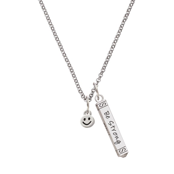 Delight Jewelry Silvertone Mini Smiley Face Silvertone Be Strong and Courageous Bar Charm Necklace, 23"