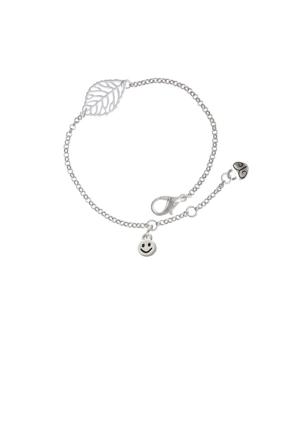 Silvertone Mini Smiley Face - Silvertone Leaf Delicate Bracelet, 6.25+1.75"