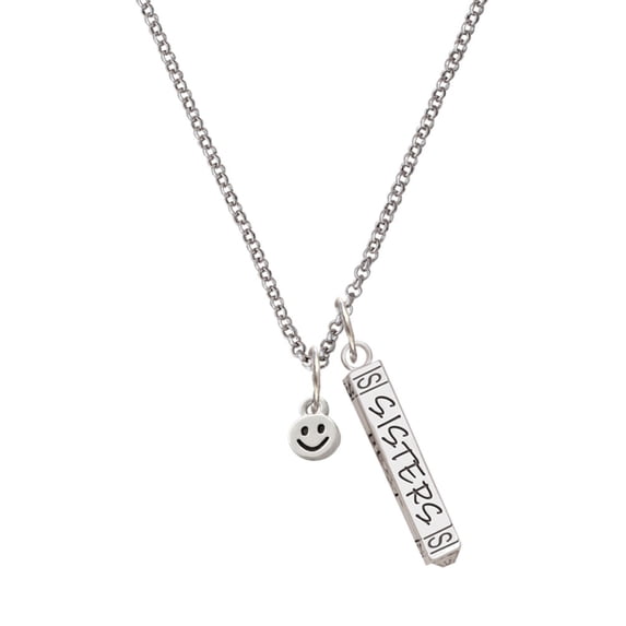 Delight Jewelry Silvertone Mini Smiley Face Silvertone Sisters Best Friends Forever Bar Charm Necklace, 23"