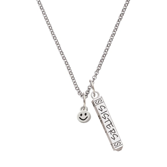 Delight Jewelry Silvertone Mini Smiley Face Silvertone Sisters Best Friends Forever Bar Charm Necklace, 23"