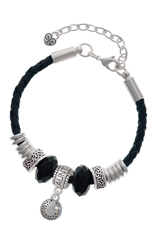 Silvertone Mini Softball/Baseball with AB Crystal Aunt Celtic Knot Leather Bead Bracelet, 7"+2" Extender