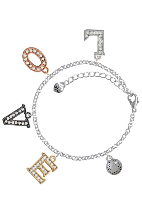 Silvertone Mini Softball/Baseball with AB Crystal Multi-Colored Crystal Love Charm Bracelet