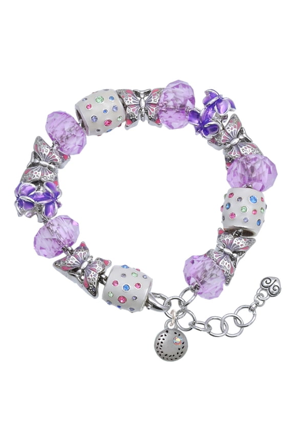 Silvertone Mini Softball/Baseball with AB Crystal Purple Butterfly Bead Charm Bracelet, 7"+1" Extender