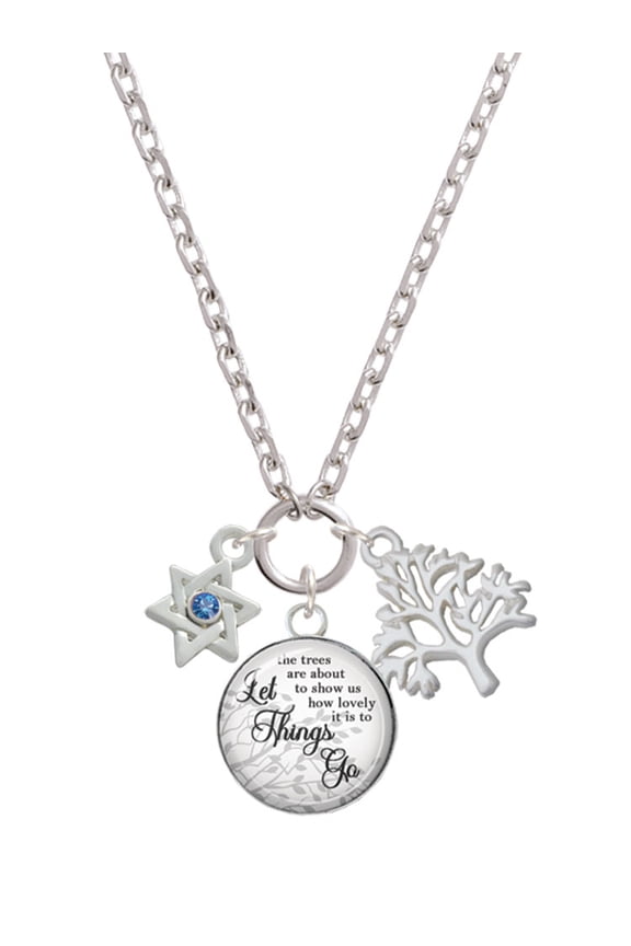 Silvertone Mini Star of David with Blue Crystal Let Things Go Fall Zoey Charm Necklace, 28"