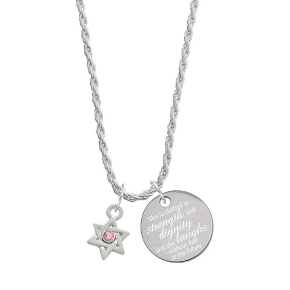 Delight Jewelry Silvertone Mini Star of David with Pink Crystal She is Clothed in Stength and Dignity Charm Necklace, 20"+3"