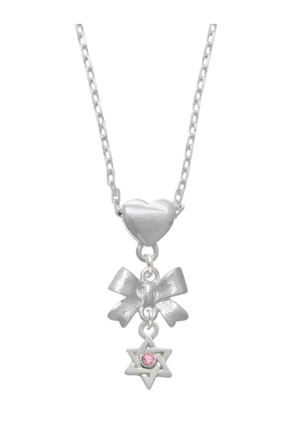 Silvertone Mini Star of David with Pink Crystal Silver tone Bow Heart Necklace