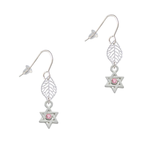 Delight Jewelry Silvertone Mini Star of David with Pink Crystal Silvertone Leaf French Earrings