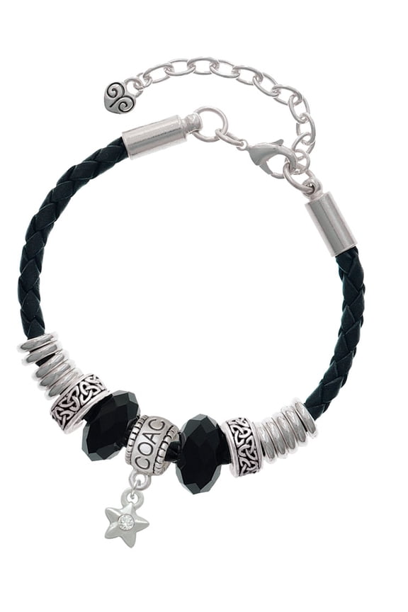 Silvertone Mini Star with Clear Crystal Coach Celtic Knot Leather Bead Bracelet, 7"+2" Extender