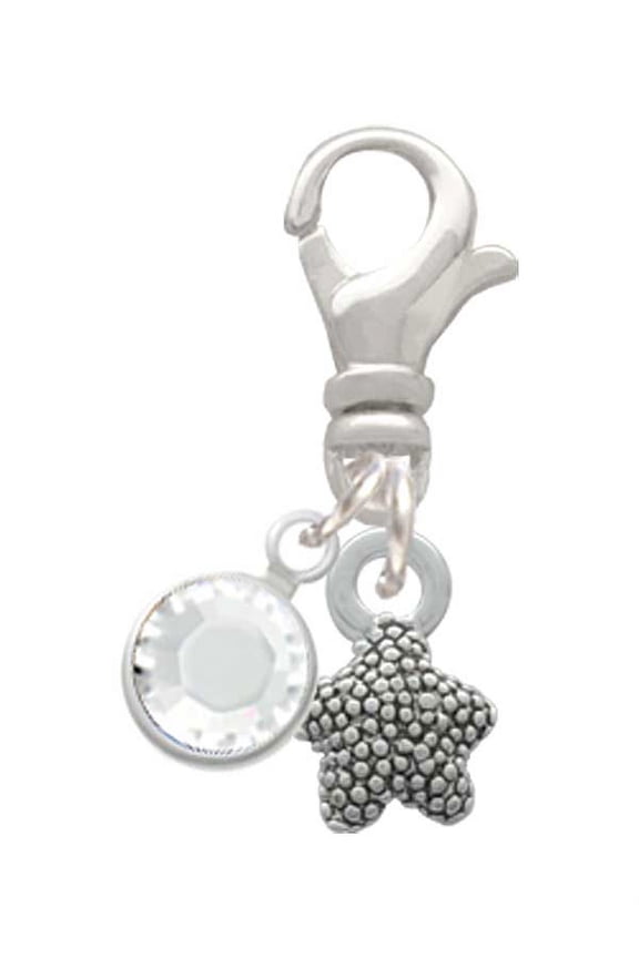 Silvertone Mini Starfish Two Sided - Silvertone Clip on Charm with Clear Crystal Drop