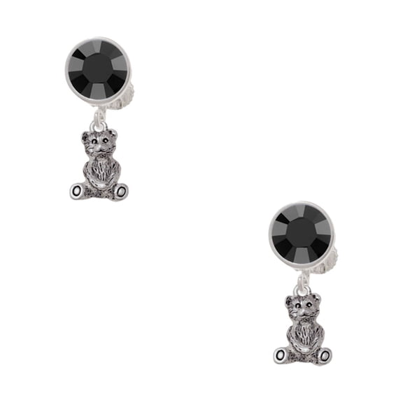 Delight Jewelry Silvertone Mini Teddy Bear Black Crystal Clip on Earrings