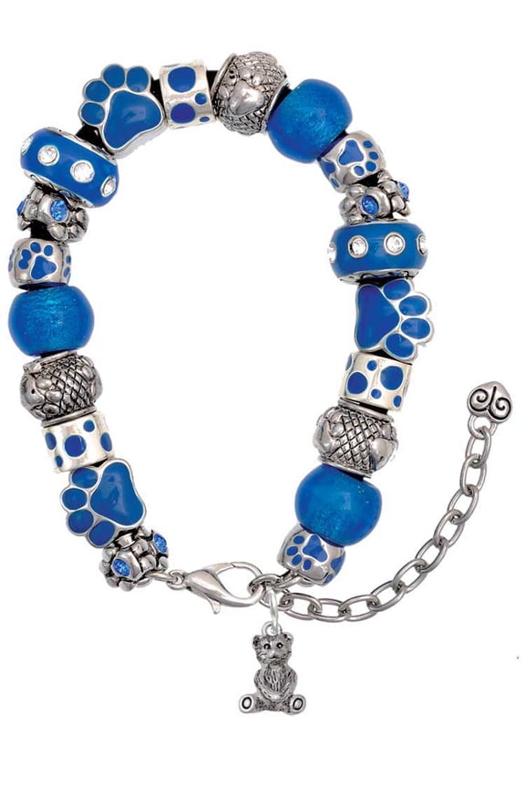 Silvertone Mini Teddy Bear Blue Paw Print Bead Bracelet, 7"+2"