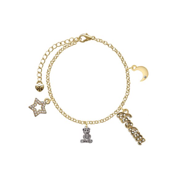 Delight Jewelry Silvertone Mini Teddy Bear Goldtone Dream Big Charm Bracelet, 7.5+2" Extender