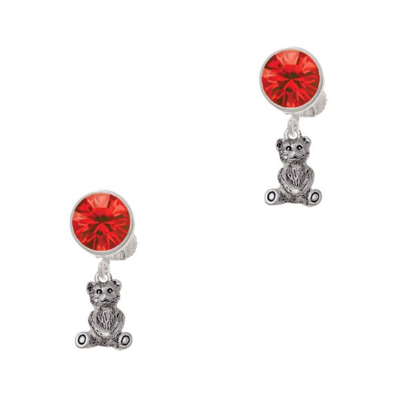 Delight Jewelry Silvertone Mini Teddy Bear Red Crystal Clip on Earrings