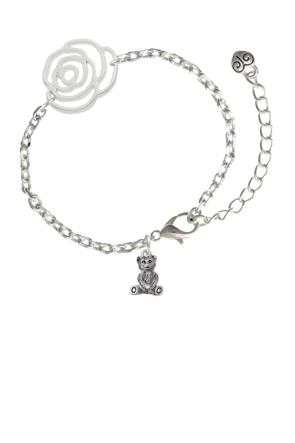 Silvertone Mini Teddy Bear Silver-tone Flower Link Chain Bracelet, 6.75"+2" Extender