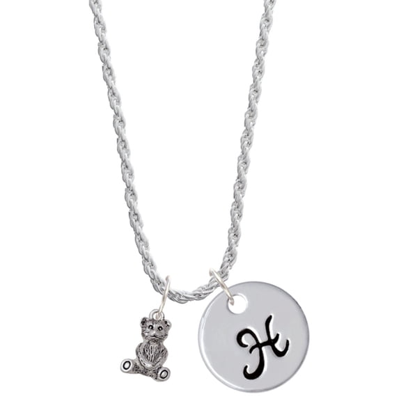 Delight Jewelry Silvertone Mini Teddy Bear Silvertone Script Initial Disc - H - Charm Necklace, 20"+3"