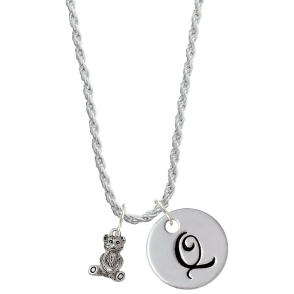 Delight Jewelry Silvertone Mini Teddy Bear Silvertone Script Initial Disc - Q - Charm Necklace, 20"+3"