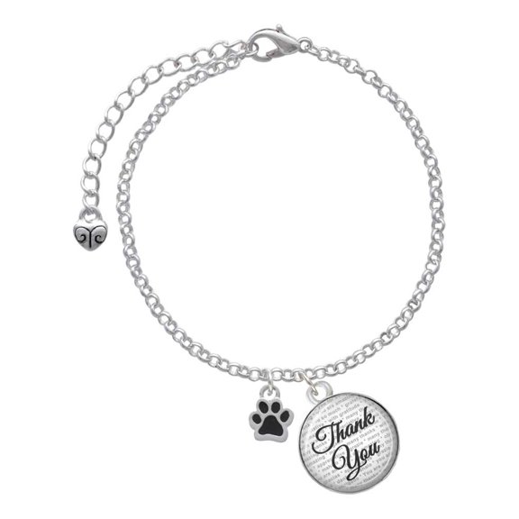 Delight Jewelry Silvertone Mini Translucent Black Paw - Domed Thank You Charm Bracelet, 6"+2"