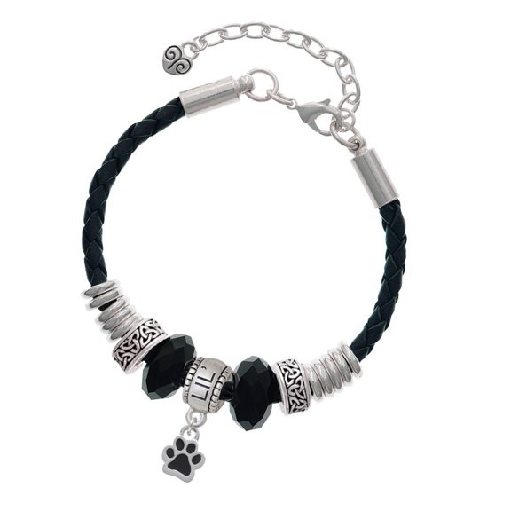 Delight Jewelry Silvertone Mini Translucent Black Paw Middle Sister Celtic Knot Leather Bead Bracelet, 7"+2" Extender