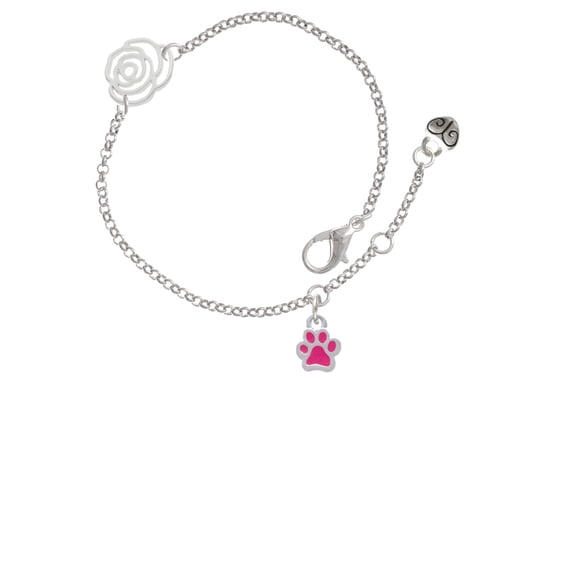 Delight Jewelry Silvertone Mini Translucent Hot Pink Paw Silver-tone Rose Link Chain Bracelet, 6.25"+1.75" Extender