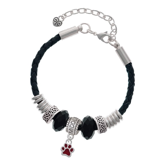 Delight Jewelry Silvertone Mini Translucent Maroon Paw Middle Sister Celtic Knot Leather Bead Bracelet, 7"+2" Extender